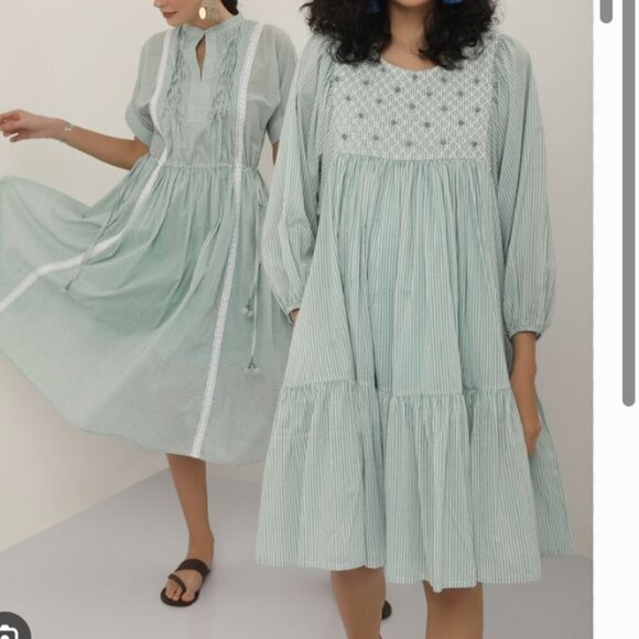 Kopal | The Zeenat Dress Smocked Rosette Bib Popover Sea Green Stripe Size L - Picture 2 of 15